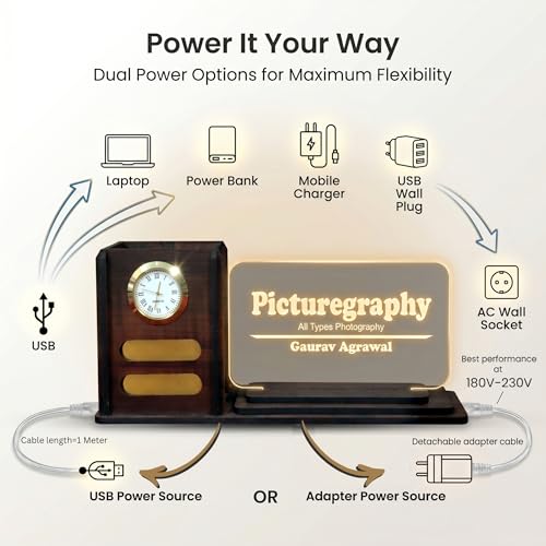 Image of Wood Desk Organizer with LED Name Lamp|Customized Gift for Men,Women,Teachers,Doctors,Dad,Husband|Pen Holder,Table Lamp|Personalized Birthday Gift|Office Organizer - With Watch,Brown