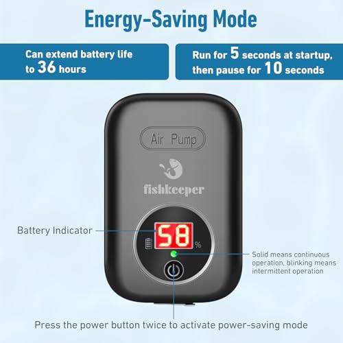 Image of Battery Powered Aquarium Air Pump Quiet, Portable USB Rechargeable Fish Tank Bubbler with Accessories, for 5-80 Gallon, Display Battery Level, Aerator for Fish, Outdoor, Power Outages (2W)