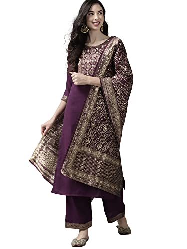 Image of INDO ERA Women's Cotton Blend Yoke Design Straight Kurta with Pant & Dupatta Set