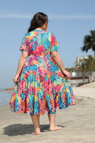Image of TIYOMI Women Plus Size Dress Boho V Neck Short Sleeve Beach Maxi Dresses Floral /Stripe /Leaves /Lemon XL-5XL