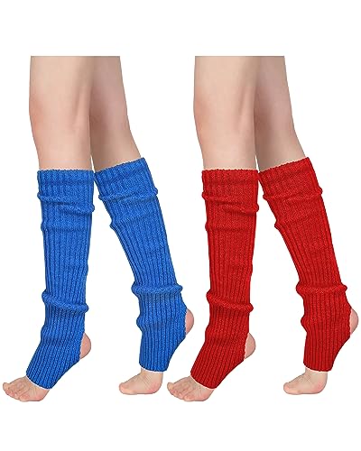 Witwot Women Girl Stirrup Leg Warmers Dance 80S Party 2 Pairs-Red Deep Blue #TOP16