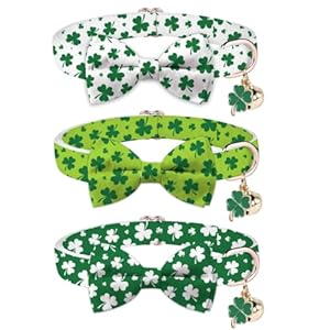 3 Pcs St. Patrick’s Day Cat Collar with Breakaway Bell Bow Tie Green Shamrock Lucky Clover Adjustable Kitten Collars for Spring Girl Boy Cats Small Pet Party