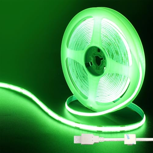 Clearhill 5V USB COB LED Strip Lights,9.84FT/3M,Green,320LEDs/M,8mm Width,Not Waterproof IP20,1M USB Cable,Flexible LED Tape Light for DIY Home Indoor Decoration