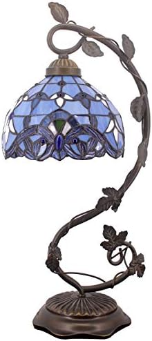 WERFACTORY Tiffany Table Lamp Blue Purple Stained Glass Baroque Style Reading Desk Light, Metal Leaf Base 8X10X21 Inches Decor Small Space Bedside Bedroom Home Office S003C Series