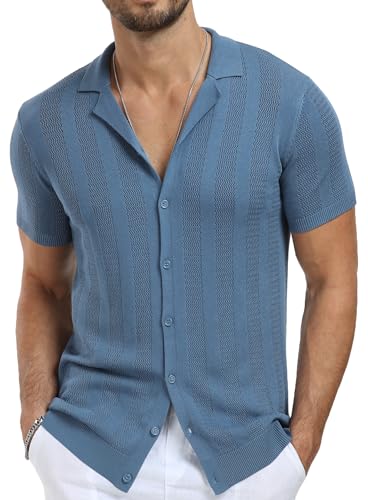 NITAGUT Men's Vacation Beach Shirts Knit Cuban Collar Mesh Button Down Short Sleeve Shirt,Blue,Small
