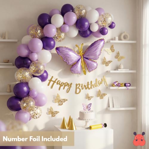 Image of 62Pcs Purple Butterfly Birthday Decorations for Girls - Pastel & Dark Purple, White, Gold Balloon Garland Arch Kit with 3D Butterfly Wall Stickers, Happy Birthday Banner, Pump (9th Birthday)