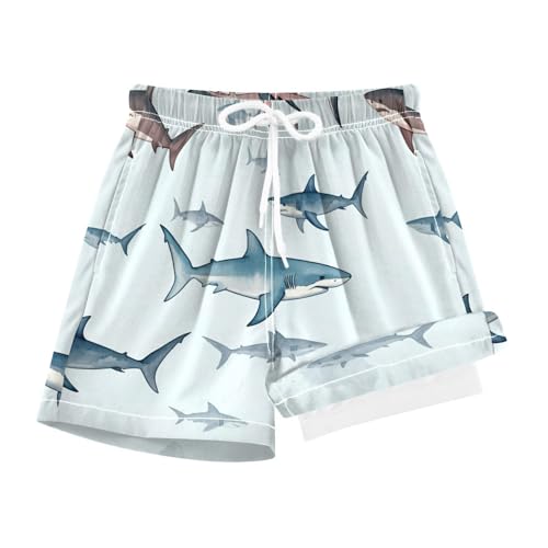 YANENDIE Boy Swim Trunks with Compression Liner Watercolor Sharks Boys Swim Shorts Quick Dry Beach Shorts