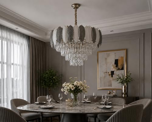 Image of DREAMY DESIGNS Feather Chandelier for Living Room | Modern Hanging Ceiling Light for Hall, Dining Room, Bedroom, Hotel & Restaurant Decor | Elegant Feather Pendant Light (Silver, Black)