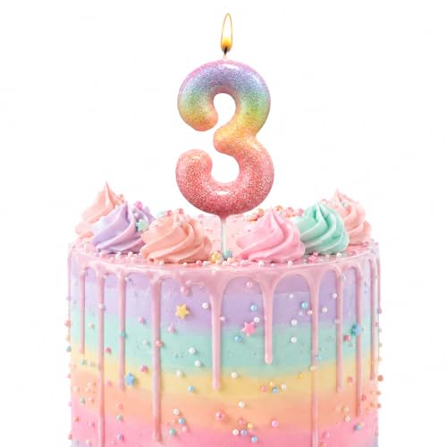 Image of Wanna Party Glitter Colorful 3rd Birthday Candle, Number 3 Cake Candle Cake Toppers for Girl Women, Glitter Colorful Themed Party Decorations Supplies Birthday Gifts