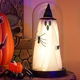 ilifemate Halloween Ghost Decorations, Glass Dome Ghost Light – Spooky LED Ghost Lamp with Witch Hat & Spider for Indoor Halloween, Battery Operated Tabletop Decor for Home, Mantel or Tiered Tray