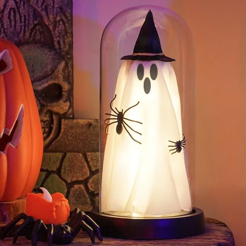 iLifemate Luz fantasma de cúpula de cristal de Halloween - Lámpara de mesa LED espeluznante con sombrero de bruja y araña para decoración de interiores de Halloween, decoración de casa embrujada a