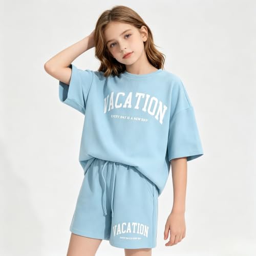 Image of Size 6-12 Years Girl's Tracksuit Sets 2 Piece Outfits Letter Print Vacation Tee Top and Drawstring Waist Shorts