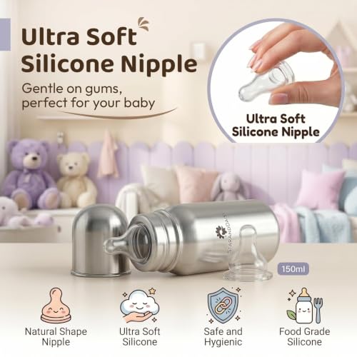 Image of StarAndDaisy Baby Milk Bottle for new Born /Infant /Toddler 150 ML SUS 304 Steel Baby Feeding Bottle for 0+ Months, BPA Free Leakproof Bottle, Anti Colic, Easy to Clean