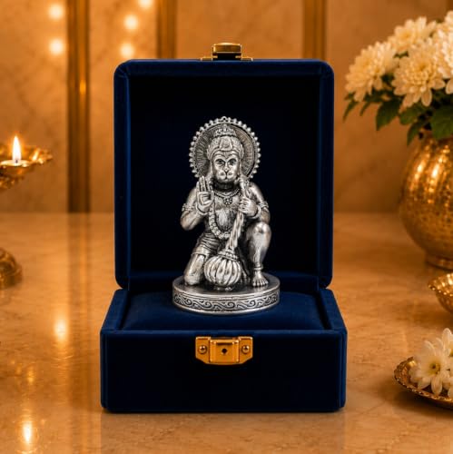 Image of Gold Art India Hanuman Idol 999 Silver Plated | 2.8 Inch Antique Matte Bajrangbali Murti with Velvet Gift Box for Home Temple, Office Desk & Car Dashboard