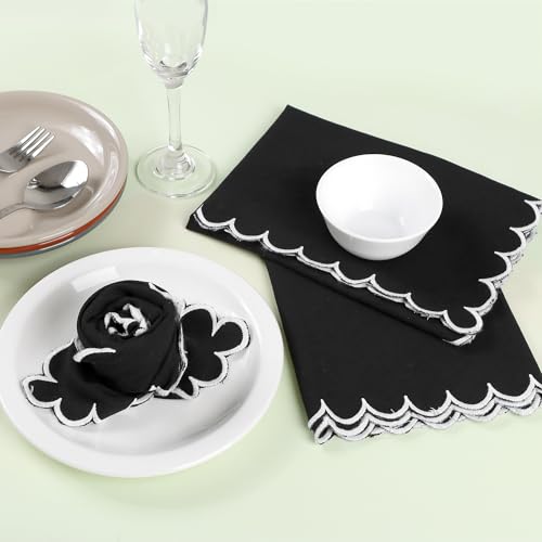 Image of FINGERCRAFT Scallop Edge Cloth Napkins | Set of 6 | 20x20 Inches | 100% Cotton | Table Napkins for Any Occasion | Washable, Perfect for Parties and Everyday Use (Black Matty, Set of 6)