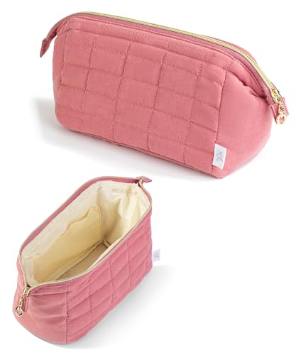 Ms. pen- Aesthetic Quilted Makeup Bag for Women, Muted Rose, Puffy Padded Cute Makeup Bag Cute, Cosmetic Pouch, Quilted Pouch