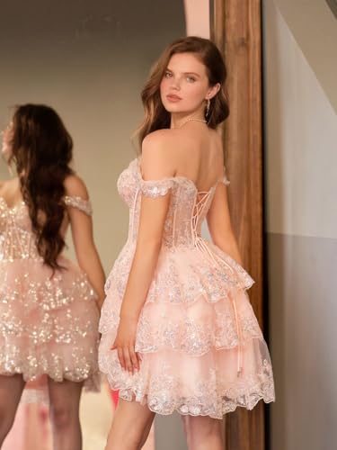 Off Shoulder Sequin Homecoming Dresses 2025 Tiered Lace Short Prom Dress for Teens Sparkly Cocktail Party Gown2