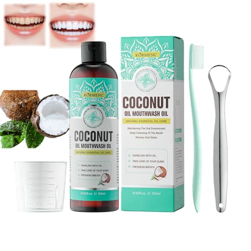 Bain de Bouche à l'huile Blanchissante,315 ML Huile de Rinçage Buccale à la Noix de Coco,Bain de Bouche Huile de Noix de Coco,avec Gratte-Langue,pour Blanchir les Dents