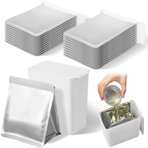 Hushee Grease Container for Kitchen 26 Pcs Grease Disposal System with 25 Disposable Foil Lined Bags and 1 Storage Bin Cooking Oil Bacon Disposal Prevent Drain Clogs(White)