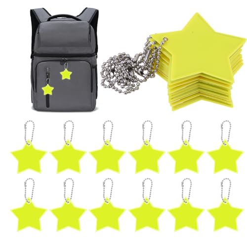 Molain Safety Reflector Pendants, 12Pcs Star Reflector Pendant with Chains Children's Waterproof Reflective Keychain for School Bag, Backpacks, Walking, Running, Cycling(Fluorescent Yellow)