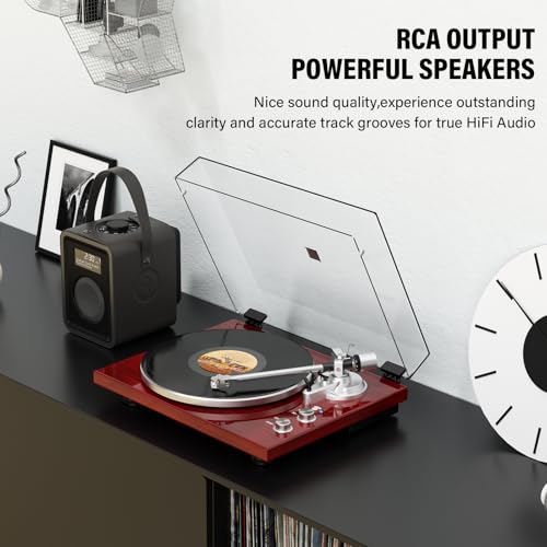 Belt Drive Turntable for Vinyl Record Player,Connect with Bluetooth Speakers or Active Speaker,Built-in Phono Pre-amp,USB Digital Output, Magnetic Cartridge,High-Gloss Wood Design(Red) - Thumbnail 6