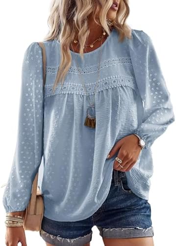 TUUHAW Langarmshirt Damen Boho Bluse Elegant Rundhals Top Oberteile | Tops für Damen, Tunika Bluse Elegant, T Shirt Süß, Spitze Fließend, Oberteile Lässig Outfits, Frühling Herbst