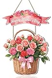 Aurlan Happy Mother's Day Decorations,Mothers Day Sign,Gift for Mom Birthday,Best Mom Wreath,Pink Flower Hanging Decor for Mama Grandma Woman Present,Floral Basket Rose Wall Decoration for Living Room