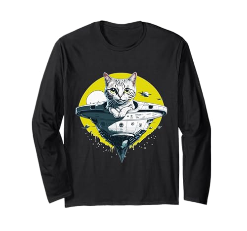 Space Cat Scottish Pilot in Spaceship Meme Alien UFO Funny Maglia a Manica