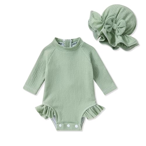 Image of YOUNGER TREE Infant Baby Girls Swimsuit Long Sleeve Swimsuits One Piece Swimsuit Solid Color Bathing Suit with Hat