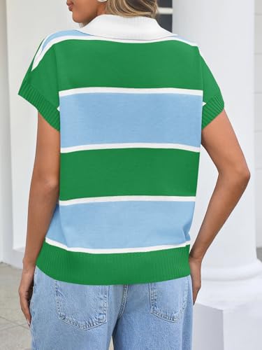 Image of Saodimallsu Women's V Neck Button Down Striped Short Sleeve Knit Sweater