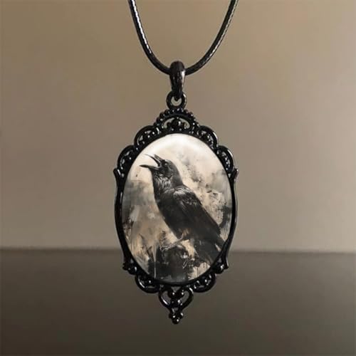 YWMAN Goth Raven Cameo Necklace - Gothic Crow Pendant, Vintage Halloween Witch Jewelry for Women3