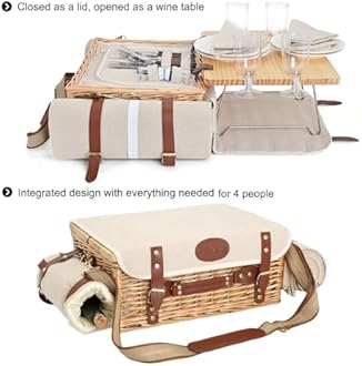 Multifunctional Wicker Picnic Basket Set for 4 with Blanket and Picnic Table, Insulated Picnic Set with Full Tablewares for Camping Outdoor Couples,Natural