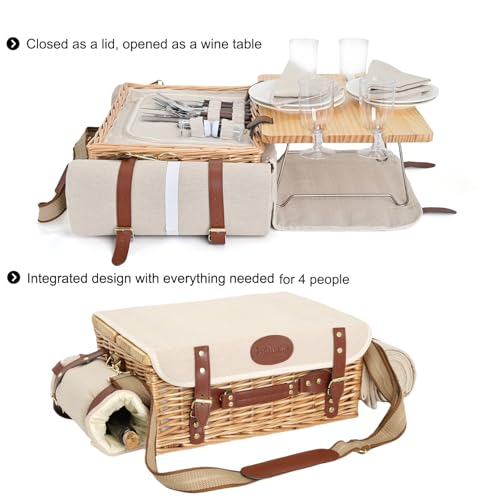 Multifunctional Wicker Picnic Basket Set for 4 with Blanket and Picnic Table, Insulated Picnic Set with Full Tablewares for Camping Outdoor Couples,Natural by SatisInside - Image 2