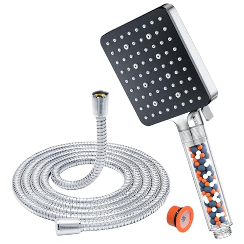 Alcachofa de Ducha con Manguera 1.6m, YEAUPE PRO Filtro Agua Ducha Alta Presion, Cabezal Ducha Antical, Duchas Baño Cuadrado Rociador con 6 tipos, Alcachofa Ducha Grande por electrico ducha,Negra