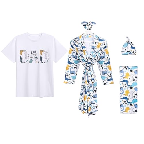Image of AWIBMK Mom and Me Robe and Swaddle Set and T-Shirt Hospital Labor Delivery Swaddling with Headband Hat for Mom Dad Baby