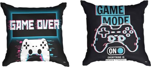 Ulticool - Funda de cojín - Game On Off Controller Monitor Gaming - Juego de 2 diseños – 45 x 45 cm - Cojín Decorativo sin Relleno - Funda de Almohada para sofá/Cama - Negro Azul Turquesa
