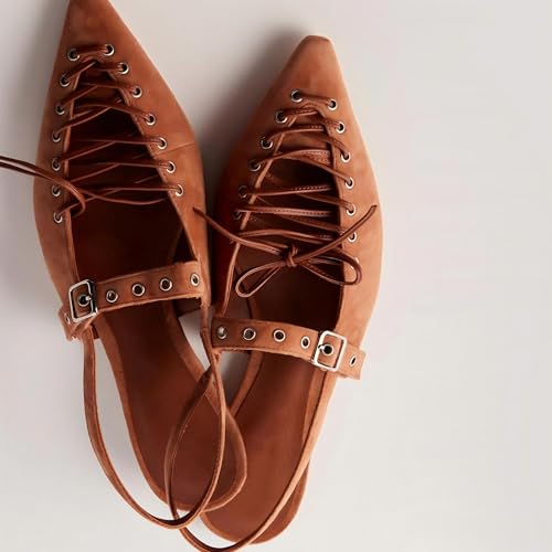 Slingback Flats for Women Lace Up Suede Mules Pointed Toe Adjustable Buckle Flats Comfort Walking Work Dressy Pumps3