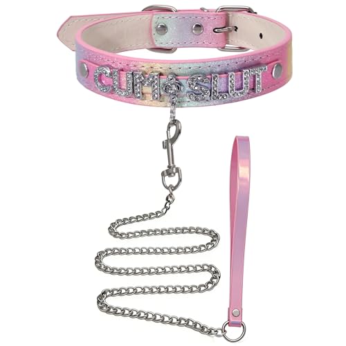 ZJFHTD Collar and Leash Set Choker Necklace for Women Pride Rainbow Glitter Leather Choker with Letters Gothic Punk Jewelry for Rave Cosplay Party (CU S)
