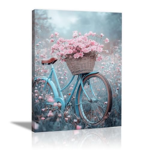 Poster fleurs roses vélo bleu de qualité premium encadré en 60x90cm