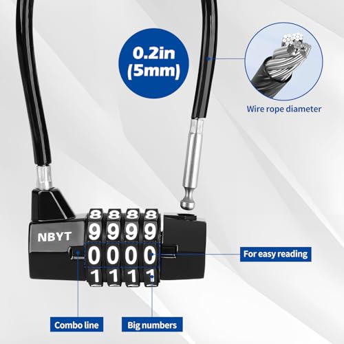 Image of Cable Locks with Combination,Steel Cable Rope Wire 4-Digit Combination Lock with Resettable Code for Bikes, Lockers, File Cabinets, Wardrobes, Small Fences,gate Lock, Pool Padlock.