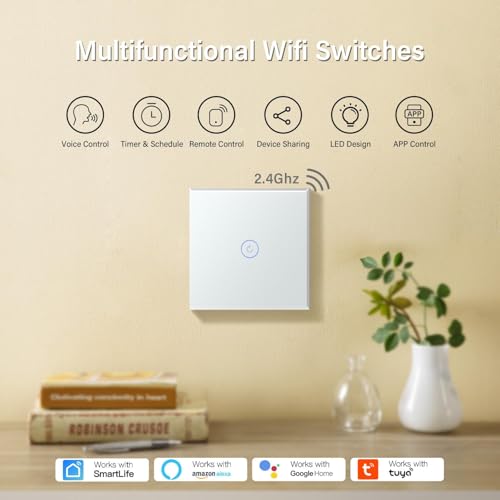 BSEED Smart Light Switch,WiFi Touch Wall Switches with Glass Panel,LED Lights,Work with Alexa/Smart Life App Control,Without Neutral Wire,1 Gang 1 Way,86mm White - Image 3
