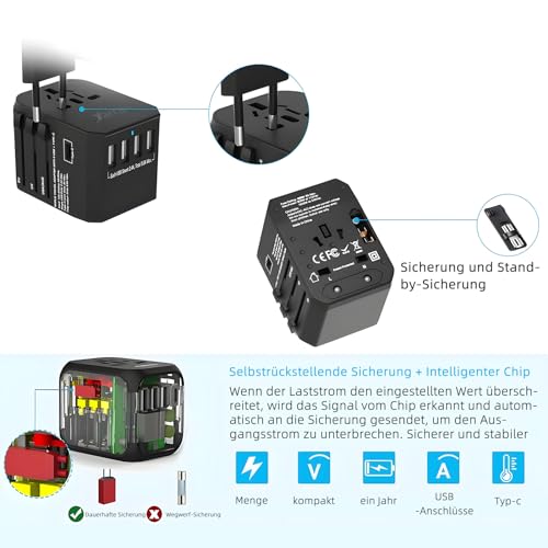 Foto von Reiseadapter Reisestecker Universal 224 Ländern Travel Adapter, 2000W Fast Charge Weltweit mit 4 USB Ports + Type C + AC Reise Steckdosenadapter Steckdose International für USA Europa UK Asia usw
