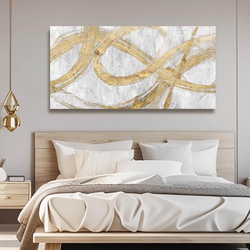 Image of VAYIMDH Decorative Wall Art Line Painting Prints on Canvas White Living Room Wall Decor 24 inchx 48 inch Abstract Artwork Gold Picture Wall Decor for Bedroom