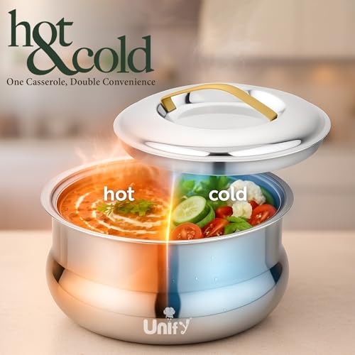 Image of Unify Lumia Stainless Steel Insulated Casserole Hot Pot 1600ML | 3 Layer Thermal Body with PUF Coating | Mirror Finish Inner & Outer Steel | Keeps Food Hot & Fresh for Hours | Premium Serveware