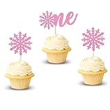 Arthsdite 24pcs Snowflake 1st Birthday Cupcake Toppers Snowflake One Cupcake Picks Winter Onederland Snowflake Cake Decorations for Baby Shower Kids First Birthday Christmas Party Supplies - Pink