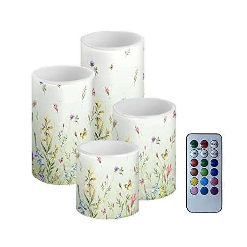 Image of LED Flickering Candles Battery Operated Candles Set of 4 with Remote Control Timer Dancing Flame Pillar Candles Home Table Decoration, Floral Green