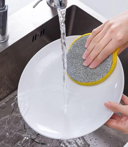 Image of 2-in-1 Dishwashing Scrub Pad - Double-Sided Wire Sponge & Soft Dish Cloth | Multipurpose Stainless Steel Scrubber for Utensils, Cookware, Pots & Pans Cleaning - Multicolor (5)