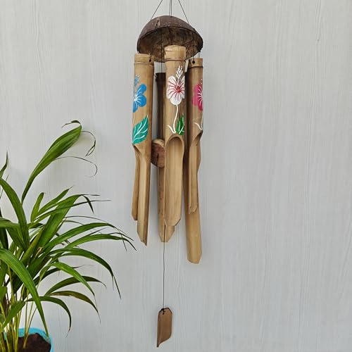 Bamboo Wind Chime for Balcony - Floral Painted Large | Hand-painted bamboo with coconut shell, rich soothing melody for large balconies, gardens, premium decor & gifting