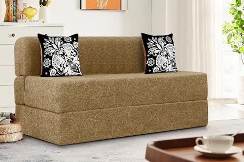Image of Rosebell Two Seater Sofa Cum Bed | Jute Fabric Washable Cover | with Cushions Perfect for Guest | Golden-Color | 4' X 6' Feet