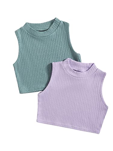 Milumia Girl's 2 Piece Ribbed Knit Mock Neck Sleeveless Solid Basic Crop Tank Tops